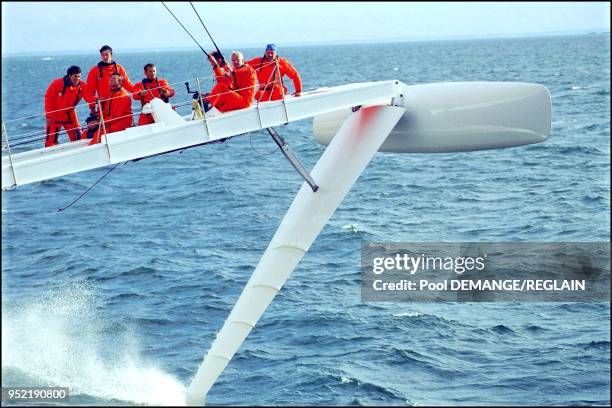 Skipper Alain Thebault "pilots" the Hydroptere.