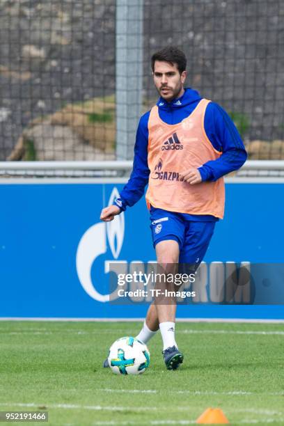 Pablo Insua of Schalke controls the ball during a training session at the FC Schalke 04 Training center on April 25, 2018 in Gelsenkirchen, Germany.