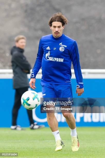 Benjamin Stambouli of Schalke controls the ball during a training session at the FC Schalke 04 Training center on April 25, 2018 in Gelsenkirchen,...