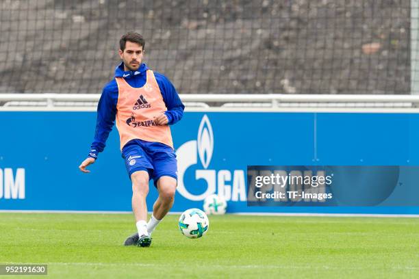 Pablo Insua of Schalke controls the ball during a training session at the FC Schalke 04 Training center on April 25, 2018 in Gelsenkirchen, Germany.