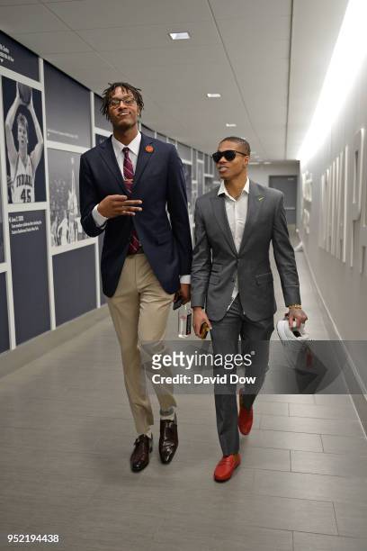 Myles Turner and Joe Young of the Indiana Pacers arrive to the arena prior to Game Four of Round One of the 2018 NBA Playoffs against the Cleveland...