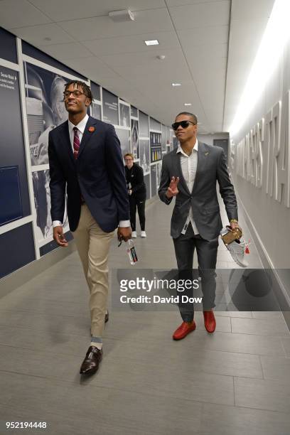 Myles Turner and Joe Young of the Indiana Pacers arrive to the arena prior to Game Four of Round One of the 2018 NBA Playoffs against the Cleveland...