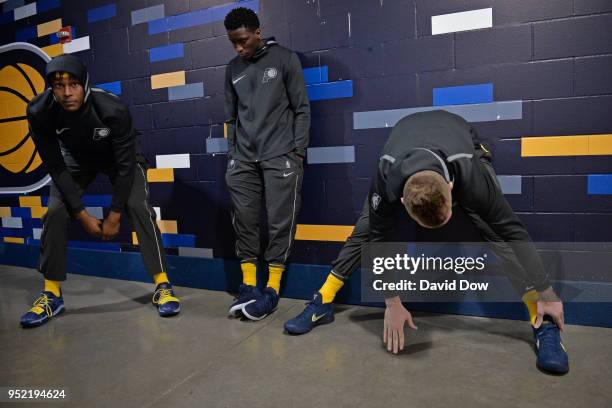 Myles Turner Victor Oladipo Domantas Sabonis of the Indiana Pacers stretch prior to Game Four of Round One of the 2018 NBA Playoffs against the...