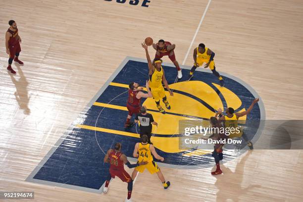 Myles Turner of the Indiana Pacers jumps for the tip off to start Game Four of Round One of the 2018 NBA Playoffs against the Cleveland Cavaliers on...