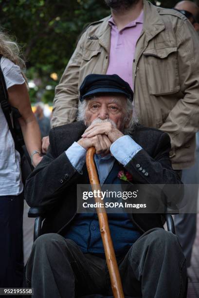 The Greek hero of National Resistance, Manolis Glezos seen during the demonstration. First gathering at the Unknown Soldier's Monument, the march has...