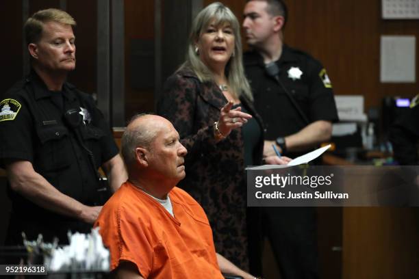 Joseph James DeAngelo, the suspected "Golden State Killer", appears in court for his arraignment on April 27, 2018 in Sacramento, California....