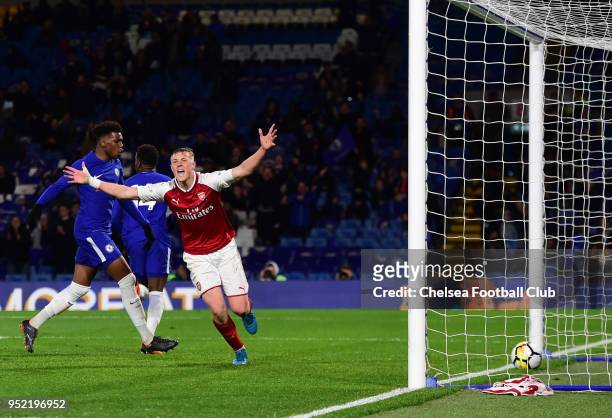 Daishawn Redan of Chelsea scores the first goal during the Chelsea v Arsenal FA Youth Cup Final First Leg at Stamford Bridge on April 27, 2018 in...