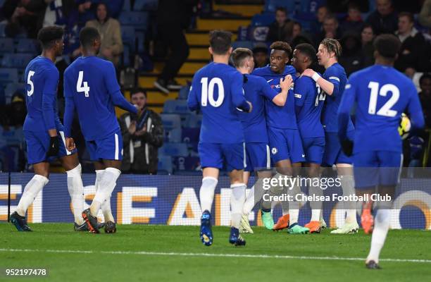 Daishawn Redan of Chelsea celebrates scoring the first goal during the Chelsea v Arsenal FA Youth Cup Final First Leg at Stamford Bridge on April 27,...