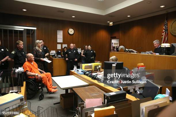 Joseph James DeAngelo, the suspected "Golden State Killer", appears in court for his arraignment before Judge Michael Sweet , on April 27, 2018 in...