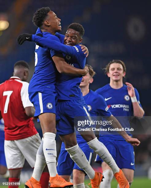 Daishawn Redan of Chelsea celebrates scoring the third goal during the Chelsea v Arsenal FA Youth Cup Final First Leg at Stamford Bridge on April 27,...