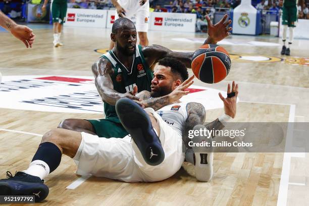 Jeffery Taylor, #44 of Real Madrid competes with James Gist, #14 of Panathinaikos Superfoods Athens during the Turkish Airlines Euroleague Play Offs...