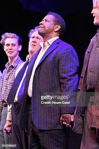 Actors Austin Butler, Colm Meaney and Denzel Washington appear onstage during "The Iceman Cometh" opening night on Broadway on April 26, 2018 in New...
