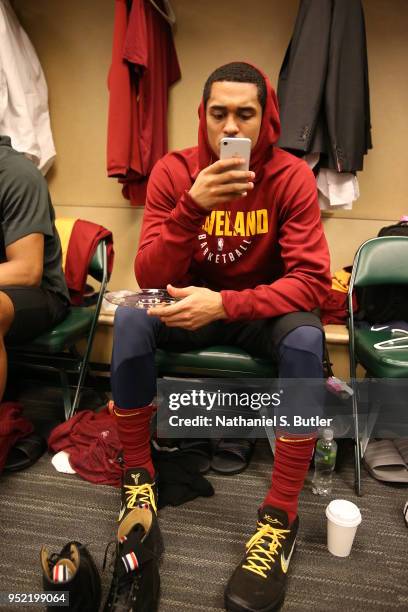 Jordan Clarkson of the Cleveland Cavaliers looks on in the locker room prior to Game Four of Round One of the 2018 NBA Playoffs against the Indiana...