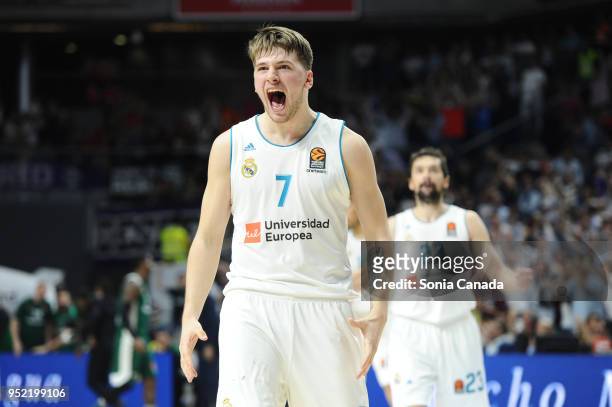 Luka Doncic, #7 guard of Real Madrid during the 2017/2018 Turkish Airlines Euroleague Play Off Leg Four between Real Madrid v Panathinaikos...