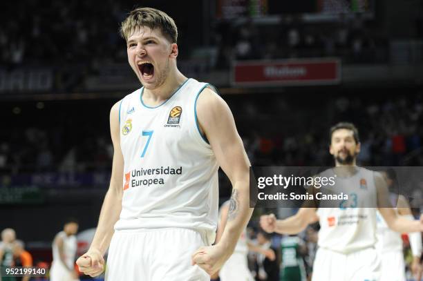 Luka Doncic, #7 guard of Real Madrid during the 2017/2018 Turkish Airlines Euroleague Play Off Leg Four between Real Madrid v Panathinaikos...