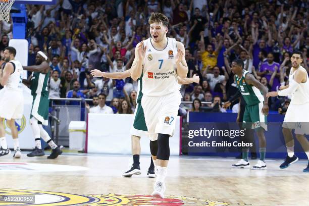 Luka Doncic, #7 of Real Madrid in action during the Turkish Airlines Euroleague Play Offs Game 4 between Real Madrid v Panathinaikos Superfoods...