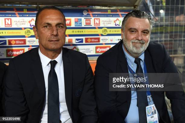Montpellier's French head coach Michel Der Zakarian and Montpellier's French club president Laurent Nicollin looks on prior to the start of the...