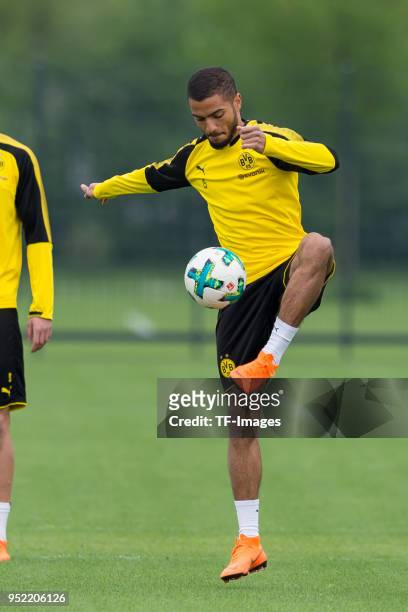 Jeremy Toljan of Dortmund controls the ball during a training session at BVB trainings center on April 24, 2018 in Dortmund, Germany.