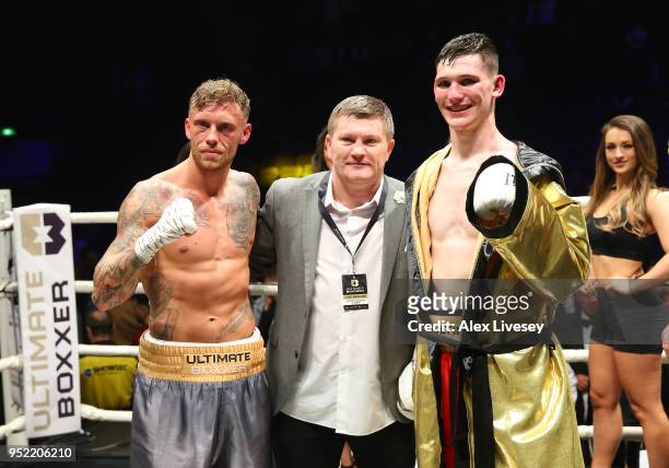 Ricky Hatton poses with Tom Young and Drew Brown after the Final of the Ultimate Boxxer tournament at Manchester Arena on April 27, 2018 in...
