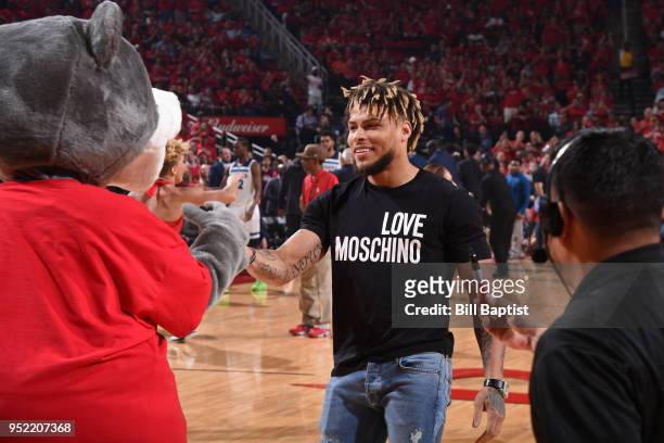 Tyrann Mathieu is seen during Game Five of the Western Conference Quarterfinals during the 2018 NBA Playoffs between the Minnesota Timberwolves and...