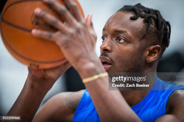 Jerami Grant of the Oklahoma City Thunder shoots the ball before the game against the Utah Jazz in Game Four of Round One of the 2018 NBA Playoffs on...