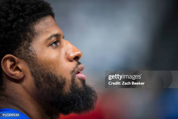 Paul George of the Oklahoma City Thunder looks on before the game against the Utah Jazz in Game Four of Round One of the 2018 NBA Playoffs on April...