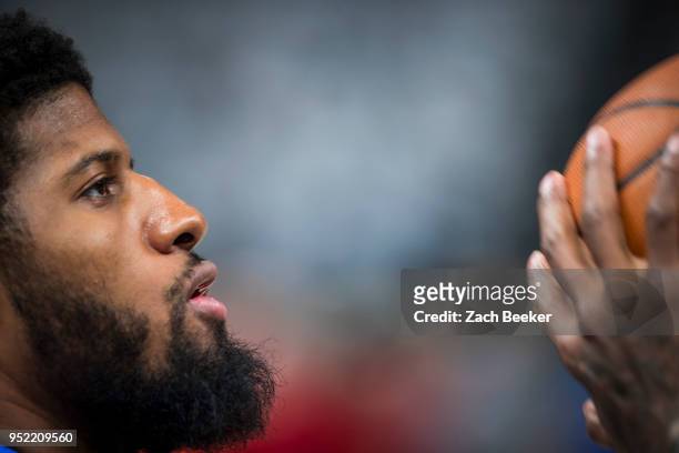 Paul George of the Oklahoma City Thunder shoots the ball before the game against the Utah Jazz in Game Four of Round One of the 2018 NBA Playoffs on...