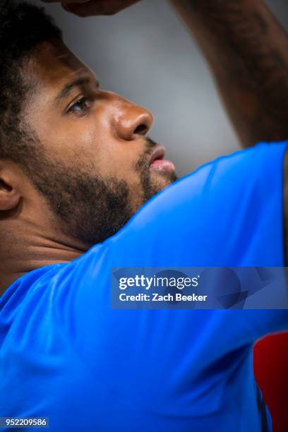 Paul George of the Oklahoma City Thunder shoots the ball before the game against the Utah Jazz in Game Four of Round One of the 2018 NBA Playoffs on...