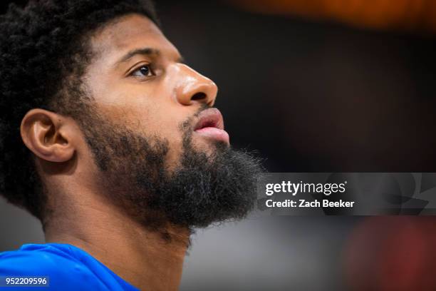 Paul George of the Oklahoma City Thunder looks on before the game against the Utah Jazz in Game Four of Round One of the 2018 NBA Playoffs on April...