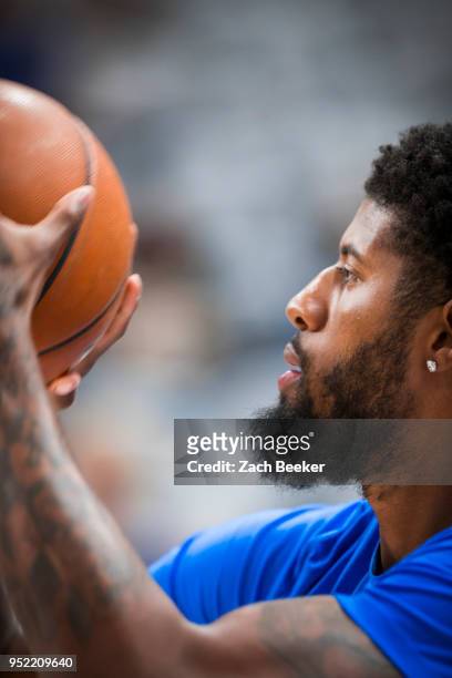 Paul George of the Oklahoma City Thunder shoots the ball before the game against the Utah Jazz in Game Four of Round One of the 2018 NBA Playoffs on...