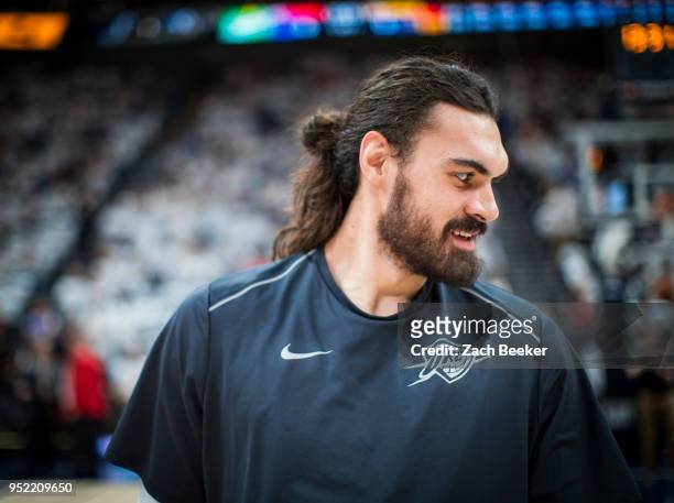 Steven Adams of the Oklahoma City Thunder before the game against the Utah Jazz in Game Four of Round One of the 2018 NBA Playoffs on April 23, 2018...