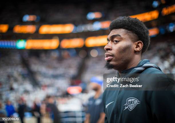 Dakari Johnson of the Oklahoma City Thunder looks on before the game against the Utah Jazz in Game Four of Round One of the 2018 NBA Playoffs on...