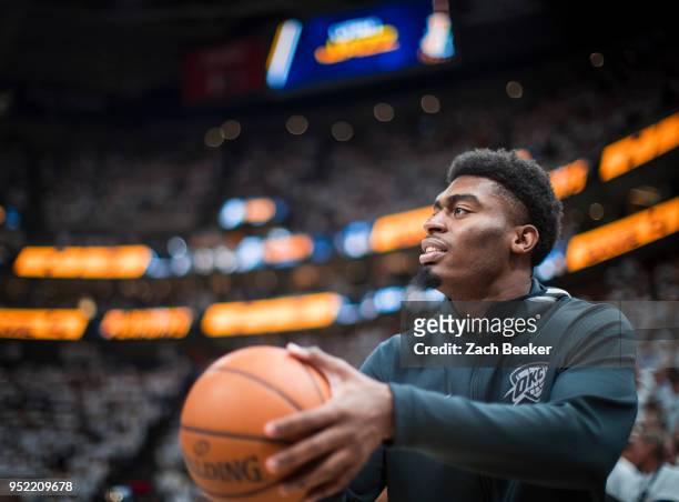 Dakari Johnson of the Oklahoma City Thunder shoots the ball before the game against the Utah Jazz in Game Four of Round One of the 2018 NBA Playoffs...
