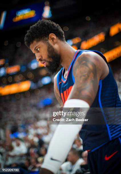 Paul George of the Oklahoma City Thunder looks on before the game against the Utah Jazz in Game Four of Round One of the 2018 NBA Playoffs on April...