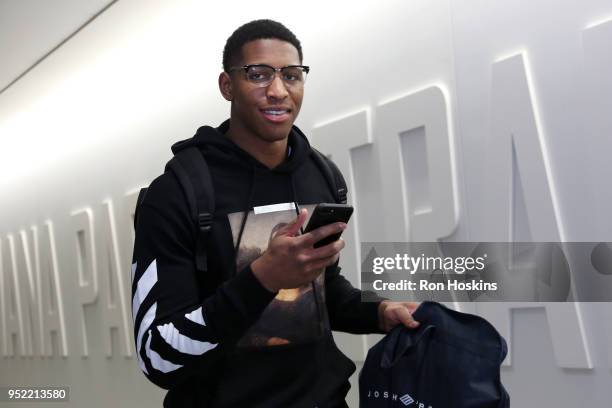 Ike Anigbogu of the Indiana Pacers arrives at the stadium before the game against the Cleveland Cavaliers in Game Six of the NBA Playoffs on April...