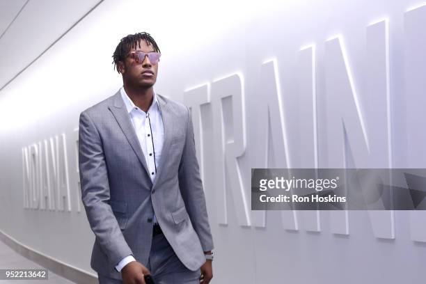 Myles Turner of the Indiana Pacers arrives at the stadium before the game against the Cleveland Cavaliers in Game Six of the NBA Playoffs on April...