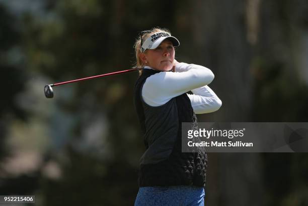 Jessica Korda watches her tee shot on the seventh hole during the second round of the Mediheal Championship at Lake Merced Golf Club on April 27,...
