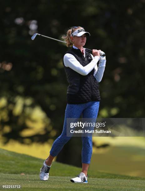 Jessica Korda watches her tee shot on the sixth hole during the second round of the Mediheal Championship at Lake Merced Golf Club on April 27, 2018...