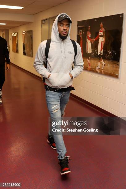 Lorenzo Brown of the Toronto Raptors arrives before Game Six of the Eastern Conference Quarterfinals against the Washington Wizards during the 2018...