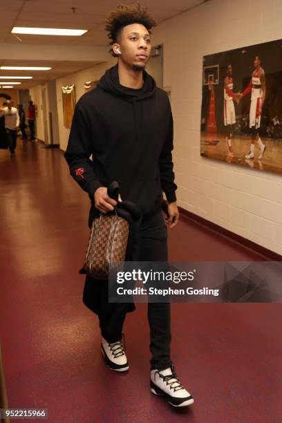 Malachi Richardson of the Toronto Raptors arrives before Game Six of the Eastern Conference Quarterfinals against the Washington Wizards during the...