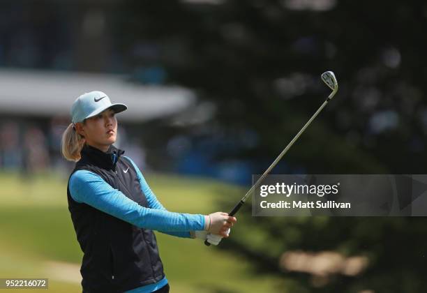 Michelle Wie watches her tee shot on the sixth hole during the second round of the Mediheal Championship at Lake Merced Golf Club on April 27, 2018...