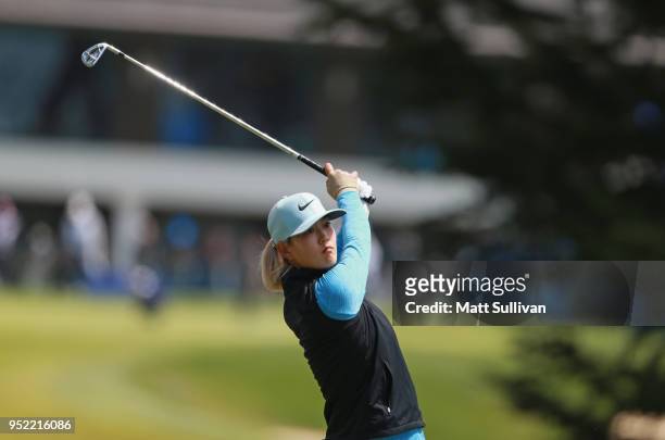 Michelle Wie watches her tee shot on the sixth hole during the second round of the Mediheal Championship at Lake Merced Golf Club on April 27, 2018...