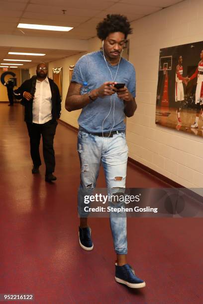 Lucas Nogueira of the Toronto Raptors arrives before Game Six of the Eastern Conference Quarterfinals against the Washington Wizards during the 2018...