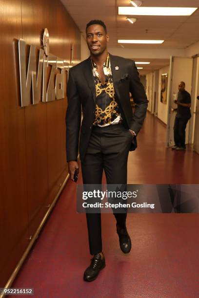 Ian Mahinmi of the Washington Wizards arrives before Game Six of the Eastern Conference Quarterfinals against the Toronto Raptors during the 2018 NBA...