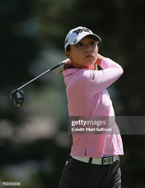 Lydia Ko of New Zealand watches her tee shot on the seventh hole during the second round of the Mediheal Championship at Lake Merced Golf Club on...