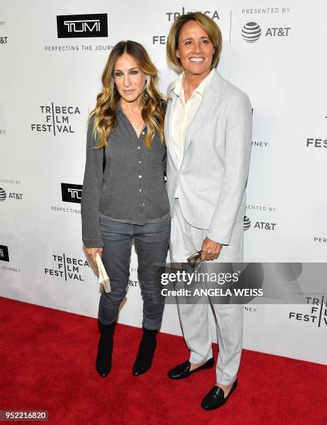 Actor Sarah Jessica Parker and American sportscaster Mary Carillo attend Tribeca Talks "The Journey-Sarah Jessica Parker" during the 2018 Tribeca...