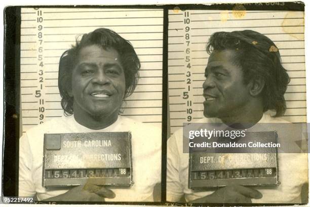 James Brown posed for this South Carolina Department of Corrections mug shot in December 1988 after a jury found him guilty of aggravated assault,...