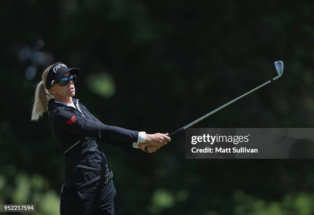 Pernilla Lindberg of Sweden watches her tee shot on the sixth hole during the second round of the Mediheal Championship at Lake Merced Golf Club on...