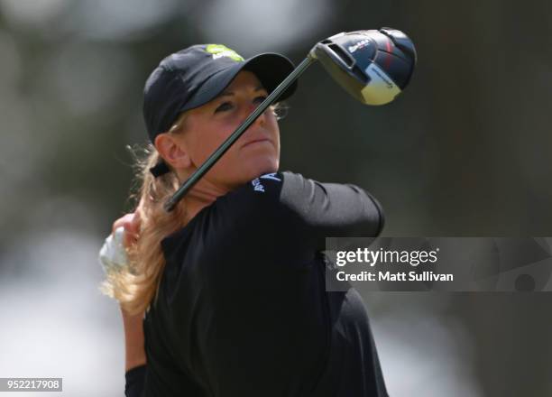 Amy Olson watches her tee shot on the 11th hole during the second round of the Mediheal Championship at Lake Merced Golf Club on April 27, 2018 in...