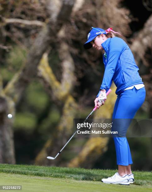 Paula Creamer chips onto the green on the fifth hole during the second round of the Mediheal Championship at Lake Merced Golf Club on April 27, 2018...